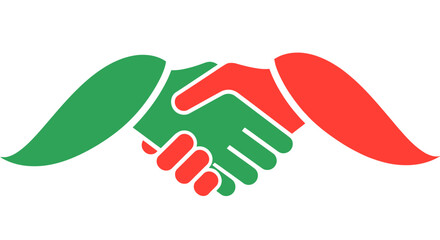 Handshake Agreement Symbol with Green and Red Abstract Leaf Motifs on White Background