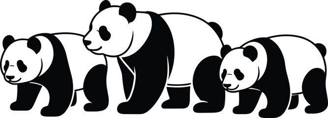 Cartoon panda illustration, panda family artwork, walking panda sequence, cute bamboo bear character, wildlife vector cartoon, children activity, animal design © Azijul