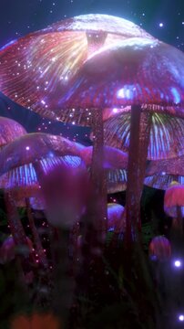 Bioluminescent mushrooms glowing in a surreal forest scene, dreamy vertical reel blending fantasy nature, psychedelic atmosphere and immersive storytelling visuals

