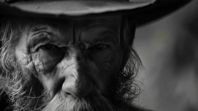 A black-and-white image of a wise old man with deep wrinkles and a thick beard embodies life experience and mystery. Suitable as a background for literary covers or philosophical articles about time.
