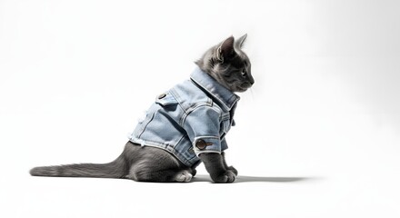 Stylish Gray Kitten in Denim Jacket