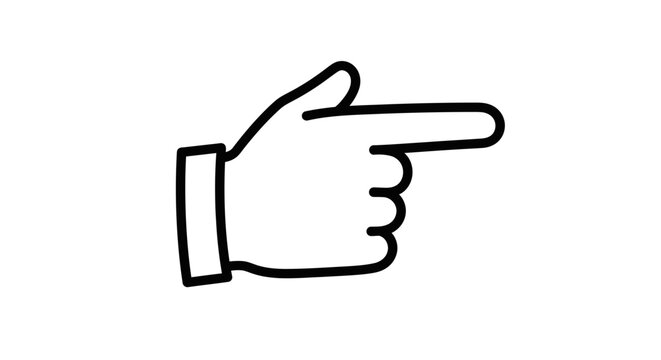 Outline icon of a human hand with index finger pointing right, isolated white background.