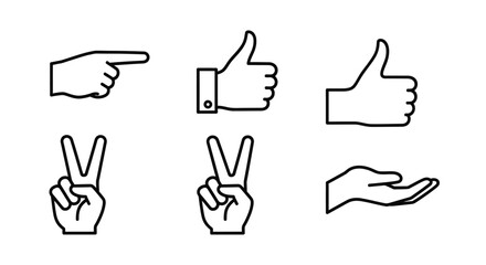 Obraz premium Set of various hand gestures icons including pointing, thumbs up, and peace sign, isolated white background.
