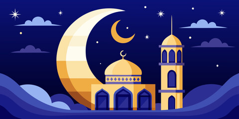 Fototapeta premium Ramadan and eid 2026 crescent moon and mosque under starry night sky 