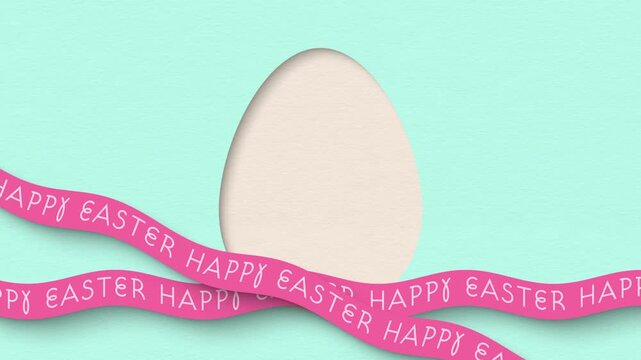 Sweet Easter Egg Cut Out With Waving Pink Ribbon Tickertape Happy Easter Text on Paper Background 3 Variations with Patel, White and Greenscreen - Horizontal 4K Seamless Loop Motion Graphic Animation 
