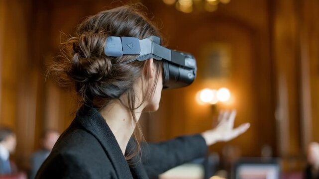 Medium shot of a trainee wearing a VR headset navigating a digital courtroom environment for immersive legal training and trial simulation.