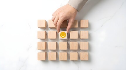 Customer Satisfaction Choice with Cubes on Marble Surface, Yellow Happy Face Icon Selected by Hand Under Bright Lighting Photography