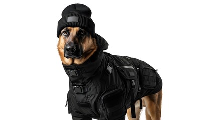 German Shepherd Dog Wearing Tactical Vest and Beanie
