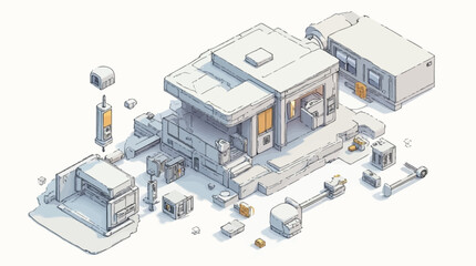Isometric blueprint details a futuristic modular building with detached components and machinery.