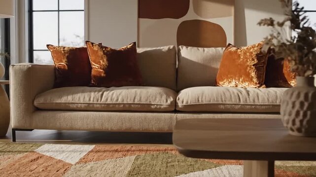 Modern living room interior featuring elegant beige sofa adorned with rust velvet cushions atop contemporary geometric pattern rug in bright minimalist apartment setting