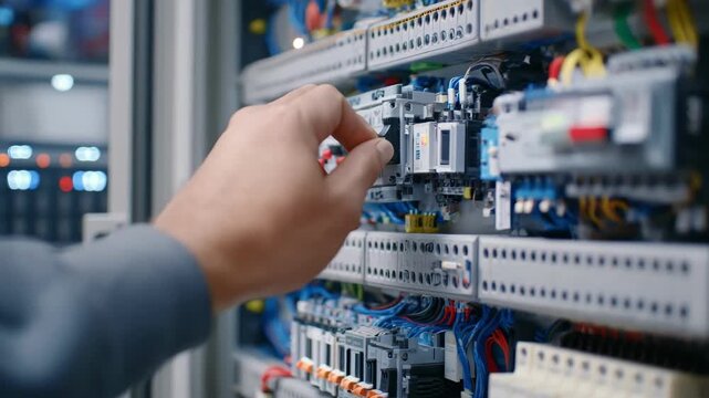 Medium shot capturing a technician installing an advanced alarm system on factory equipment to alert against tampering or theft.