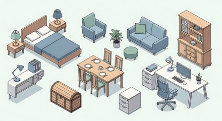 Isometric furniture set for living room, bedroom, and office spaces.