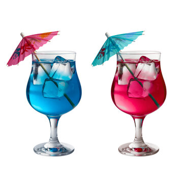 Two Tropical Alcoholic Cocktails with Paper Umbrellas Isolated on White