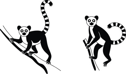 Ring Tailed Lemur Illustration Set Showing Playful Lemur Poses on Branches, Black and White Primate Wildlife Artwork for Jungle Nature Design © Azom