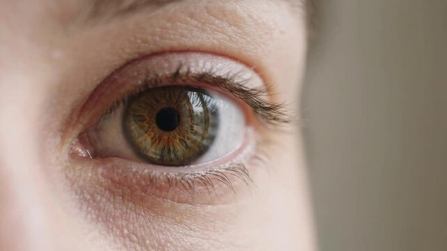 Close-up of a human eye with a brown iris and visible eyelashes, blinking and looking around.