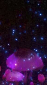Glowing fantasy mushrooms clustered in a surreal forest scene, psychedelic vertical reel blending nature magic, dreamlike lighting and immersive fantasy storytelling
