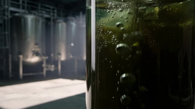 A glass container holds a bubbling liquid in an industrial setting. Large metal tanks are present in the background, with light reflecting off surfaces