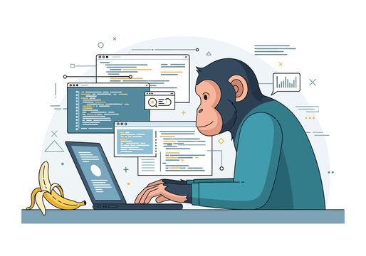 Monkey Programmer Working on Laptop with Banana.