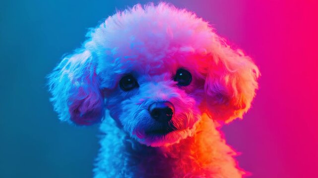 Fluffy poodle in vibrant background, colorful lights illuminate pet