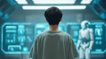 Fototapeta premium Young Teenage Boy Observing Futuristic Robot in Advanced Technological Setting