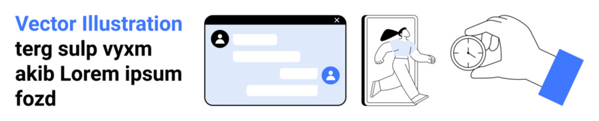 Fototapeta premium Digital communication, online security, smartphone usage, interface elements, navigation tools, user activities. Messaging interface, person exiting phone hand holding a compass. Digital