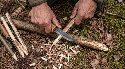 Top Down View of Hands Using a Bushcraft Knife to Carve a Sharp Tent Stake from a Fallen Wood Branch