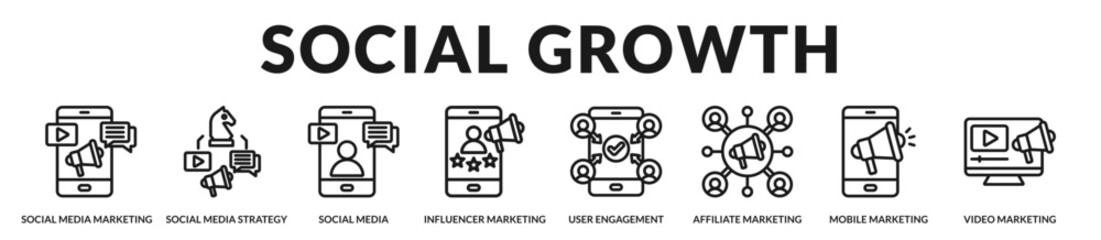 Fototapeta premium Integrated social growth strategy highlighting engagement, influence, and scalable digital audience expansion. in Lineal Icon Style