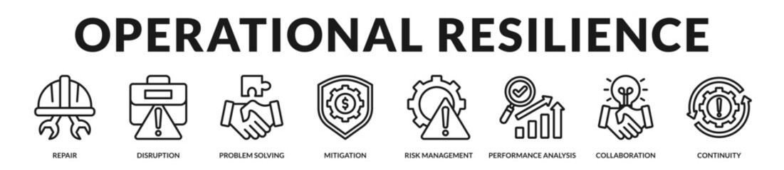 Obraz premium Operational resilience model supporting adaptive recovery, performance optimization, and coordinated enterprise continuity. in Lineal Icon Style
