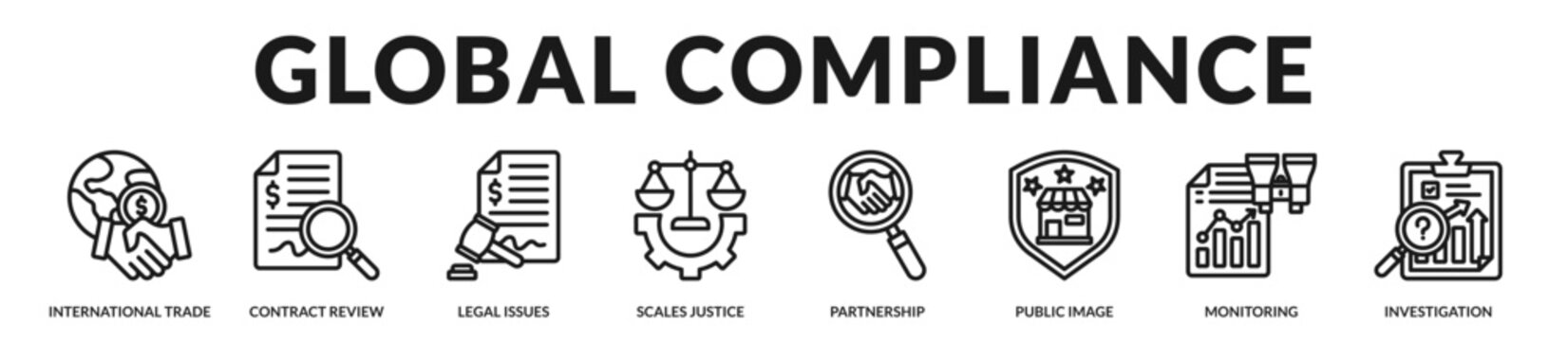 Global compliance strategy supporting ethical trade practices, contractual oversight, and responsible corporate governance. in Lineal Icon Style