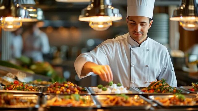 A chef in a white hat carefully arranges dishes on the serving table, demonstrating professionalism and hygiene in public catering, which will serve as a backdrop for culinary blogs and restaurant adv