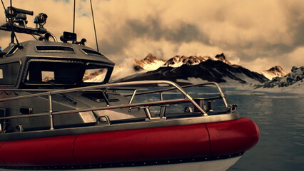A sleek rescue boat is anchored near majestic mountains covered in snow. The setting sun casts a warm glow over the icy waters, creating a breathtaking view of natures beauty. © icetray