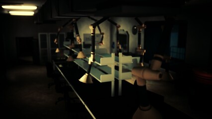 The scene shows a dimly lit laboratory filled with robotic arms and bright overhead lights. Workstations are organized, revealing an atmosphere of innovation and technology.