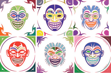 Naklejka premium Colorful tribal masks with intricate patterns and vibrant colors
