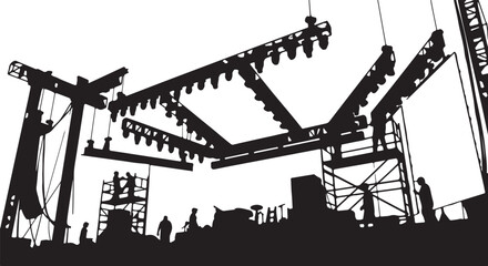 Stage construction silhouette, workers building stage, event setup, lighting installation, concert preparation, sound equipment, stage crew teamwork, performance venue, stage design