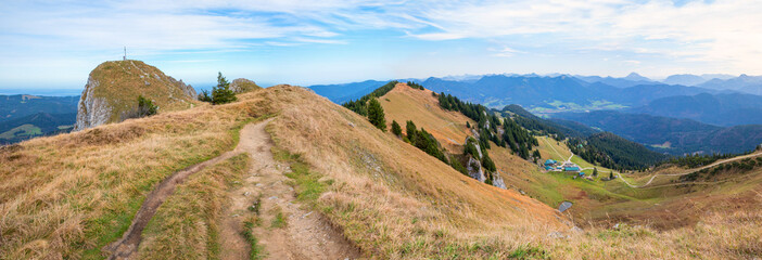 alpine ridge path Brauneck mountain. at the left Kirchstein with summit, bavarian alps