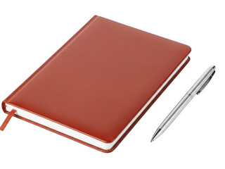 Red leather journal and silver pen on transparent background for writing or office