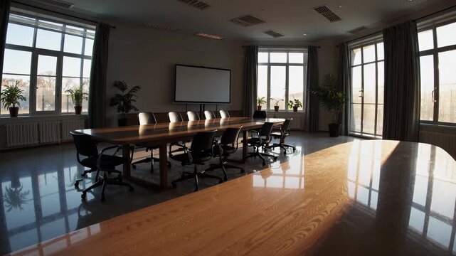 Corporate meeting in office interior with boardroom chairs near long table. Business conference atmosphere. Modern table design and corporate chairs reflect meeting room function and business goal