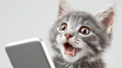 Smartphone shocked meme cat with copy space on white background cat-meme_1107