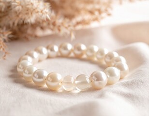 Zarte Perlenkette auf Trockenblumen arrangiert