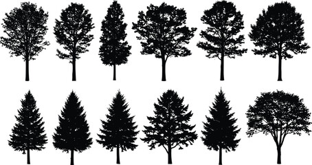 Black tree silhouettes collection including deciduous and coniferous species isolated on white background for architectural site plans and landscape design.