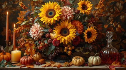 Autumn harvest table adorned with vibrant flowers and seasonal fruits