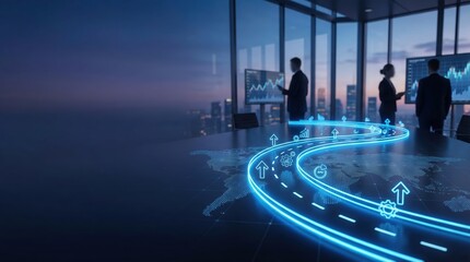 Strategic journey planning roadmap global business milestone urban office environment digital map viewpoint