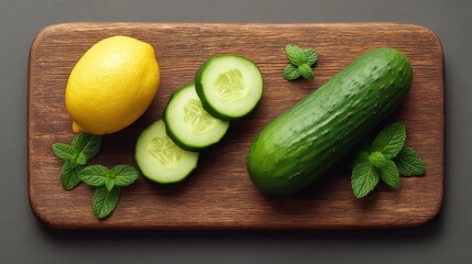 Fresh Lemon and Cucumber Presentation on Wooden Board with Mint Leaves for Culinary Inspiration and Healthy Recipes