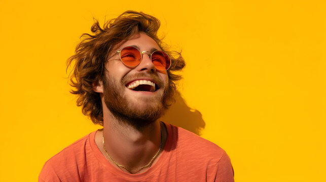 Happy man laughing wearing colorful orange sunglasses