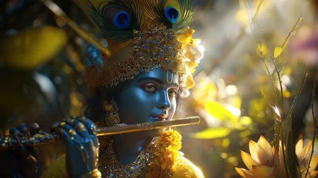 Lord krishna playing flute in enchanted forest.
