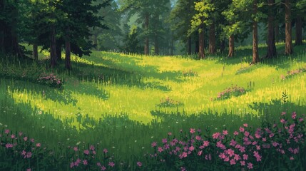 Vibrant meadow glowing with wildflowers and sunlight