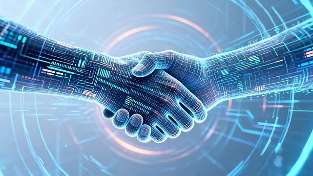 robot handshake with digital circuit background