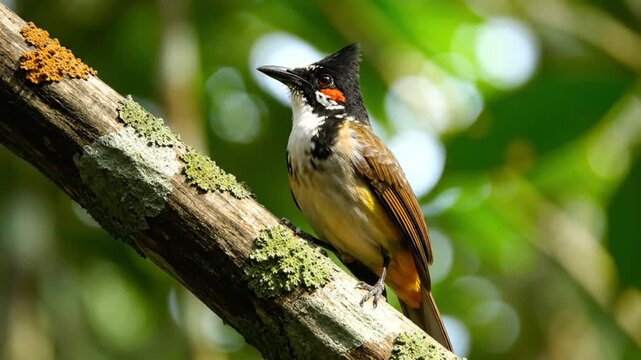 Red-whiskered bulbul bird perched on a branch looking around with green leaves in the background