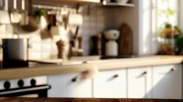 The blurred interior of a modern kitchen with a wooden worktop in the foreground will serve as a versatile background for culinary blogs or furniture advertisements.
