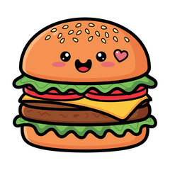 Cute burger character with heart eyes, smiling, kawaii food illustration